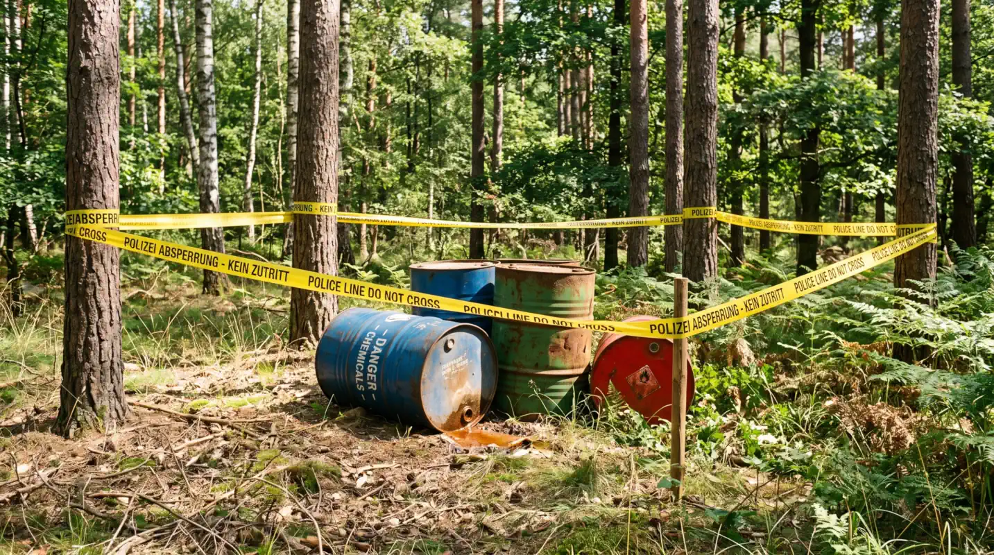 Sonnige Waldlichtung mit illegal entsorgten Chemikalienfässern und polizeilicher Absperrung – Symbolbild für Straftaten und Umweltgefährdung nach § 27 ChemG.