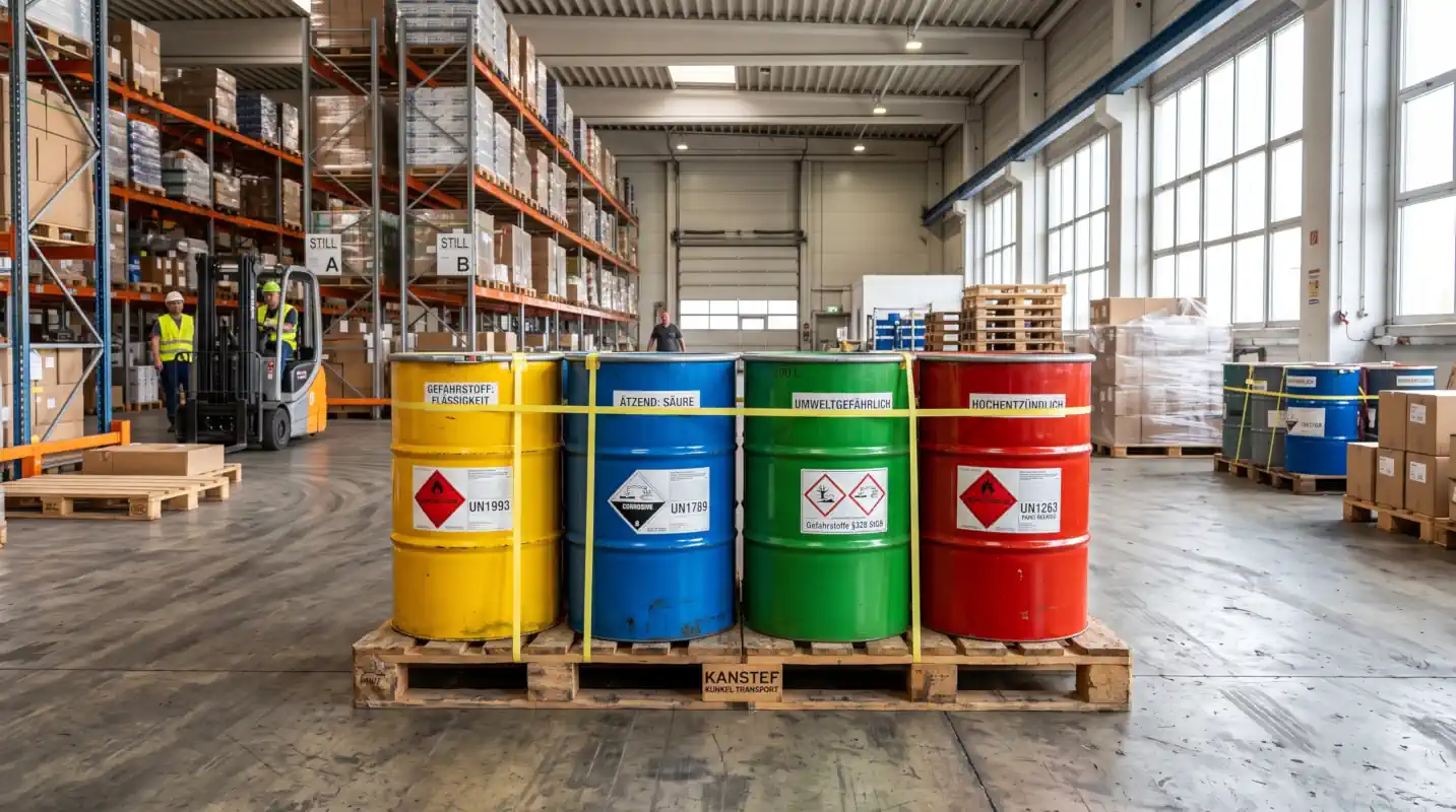 Bunte Chemiefässer auf einer Holzpalette in einer gut ausgeleuchteten Lagerhalle – Symbol für mögliche Verstöße bei der Lagerung von Gefahrgut.