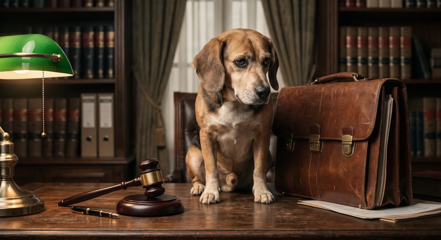 Ein Hund neben sitzt auf dem Schreibtisch eines Anwalts neben einer Aktentasche.