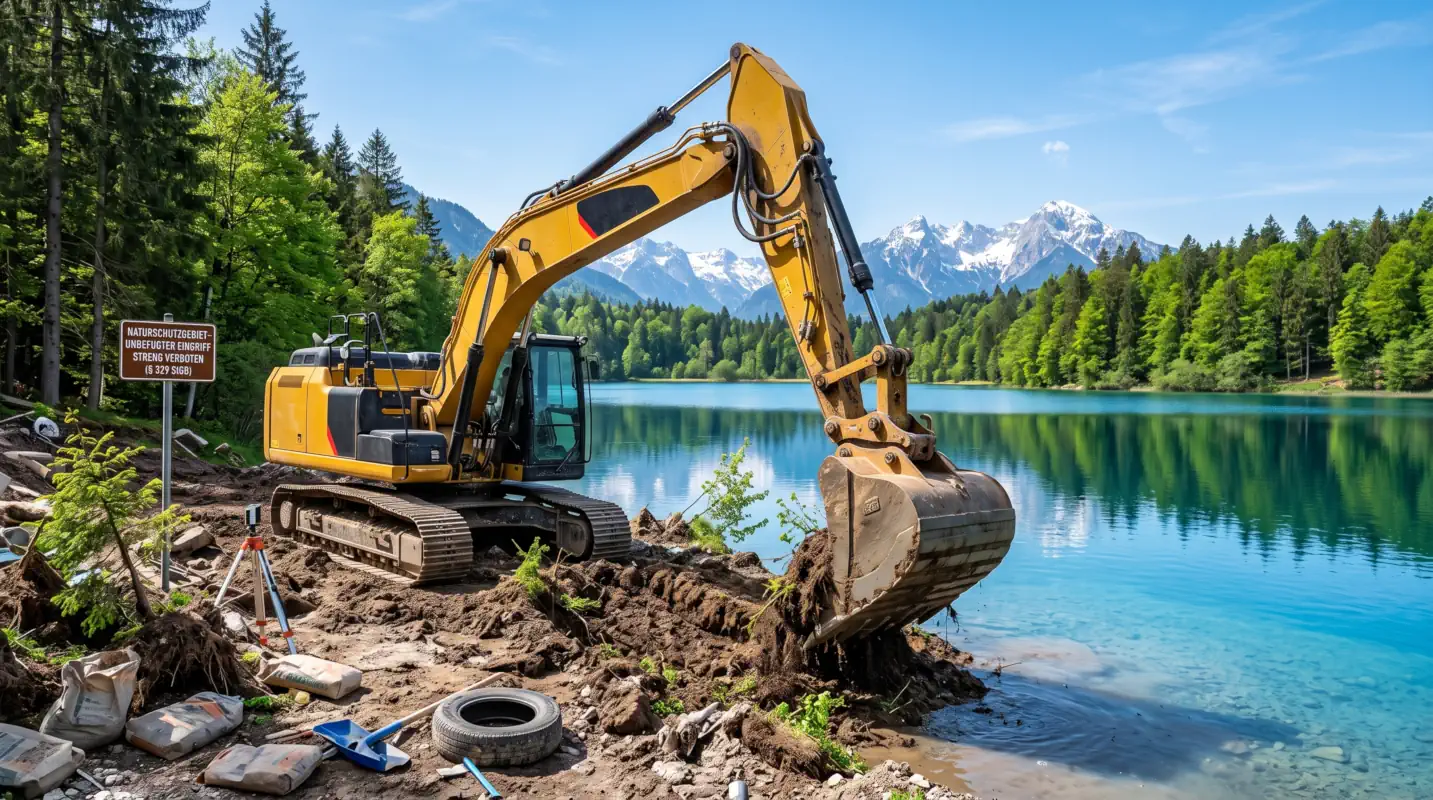 Ein großer Bagger gräbt Erdreich am Ufer eines sauberen Sees ab und symbolisiert einen Eingriff in ein Wasser- oder Naturschutzgebiet nach Paragraf 329 StGB.