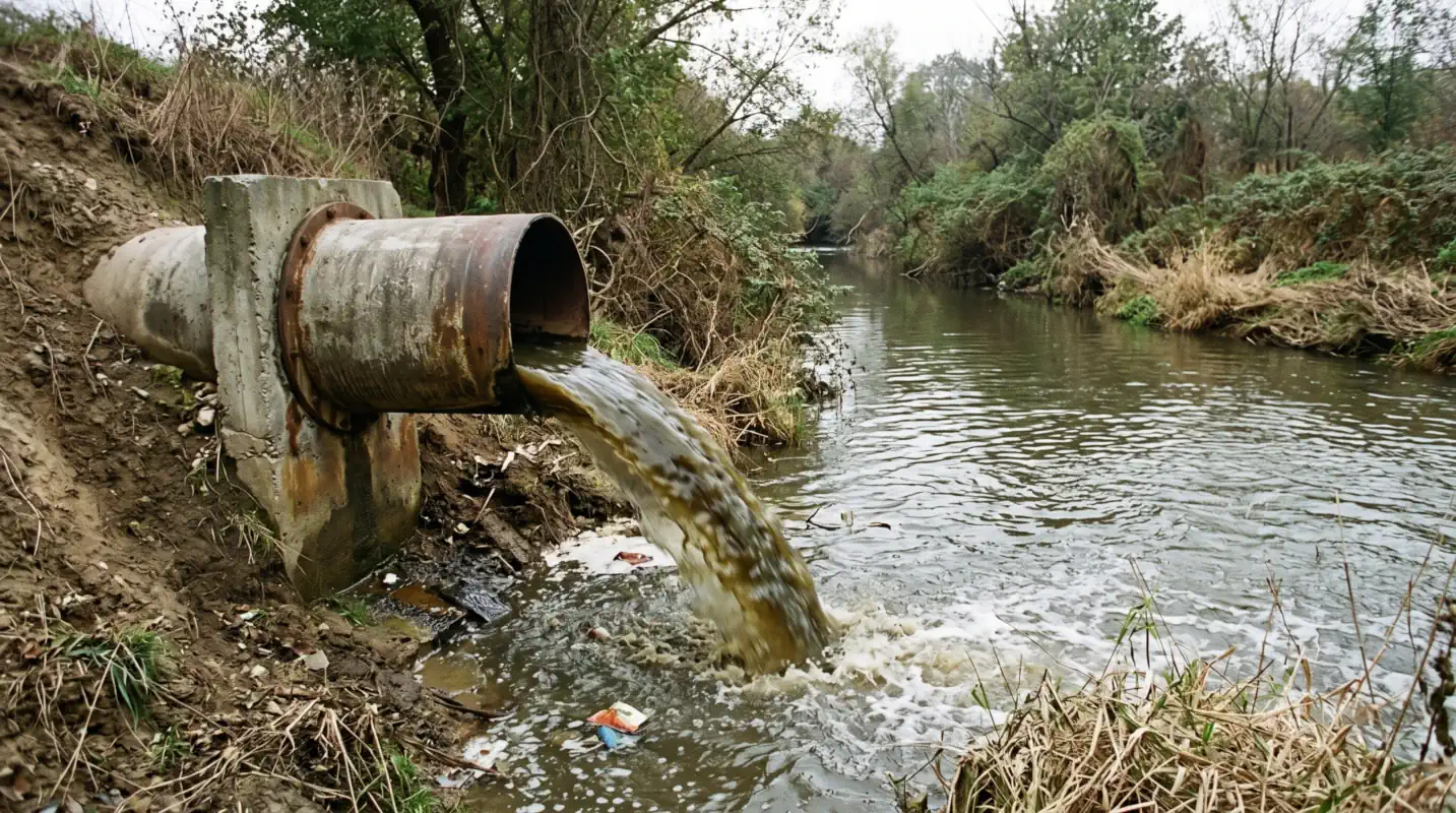 Symbolbild Umweltverschmutzung: Rohr spült dreckiges Wasser in einen Fluss